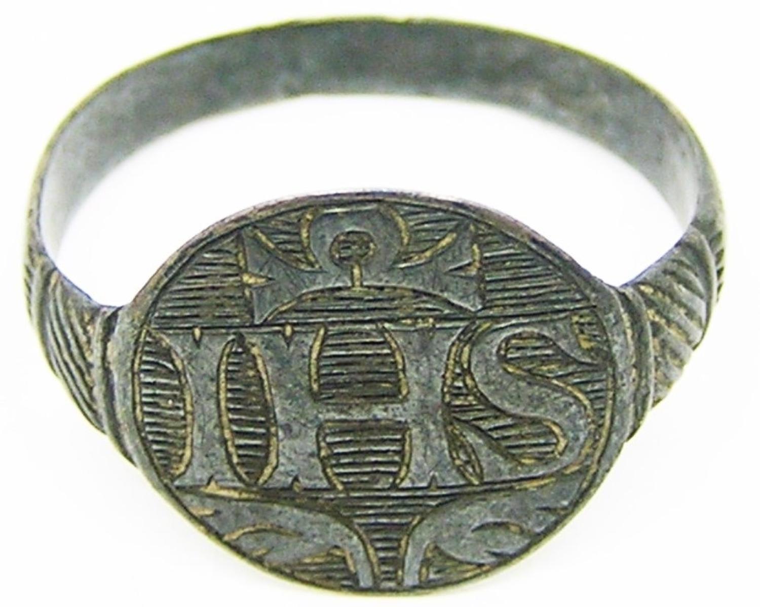 Renaissance Silver Jesuit Finger Ring IHS Christogram