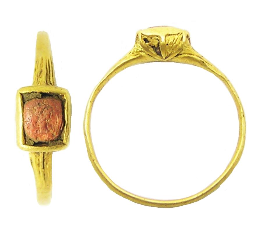 Elizabethan Tudor Gold & Coral Set Finger Ring