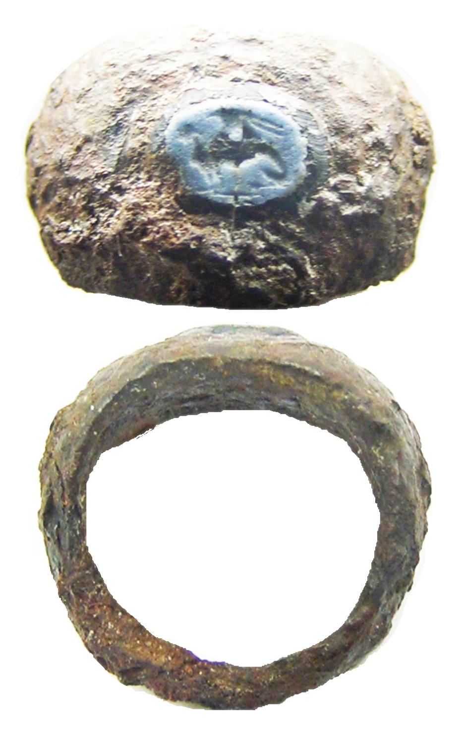 Ancient Roman Iron & Nicolo Glass Sphinx Intaglio Ring
