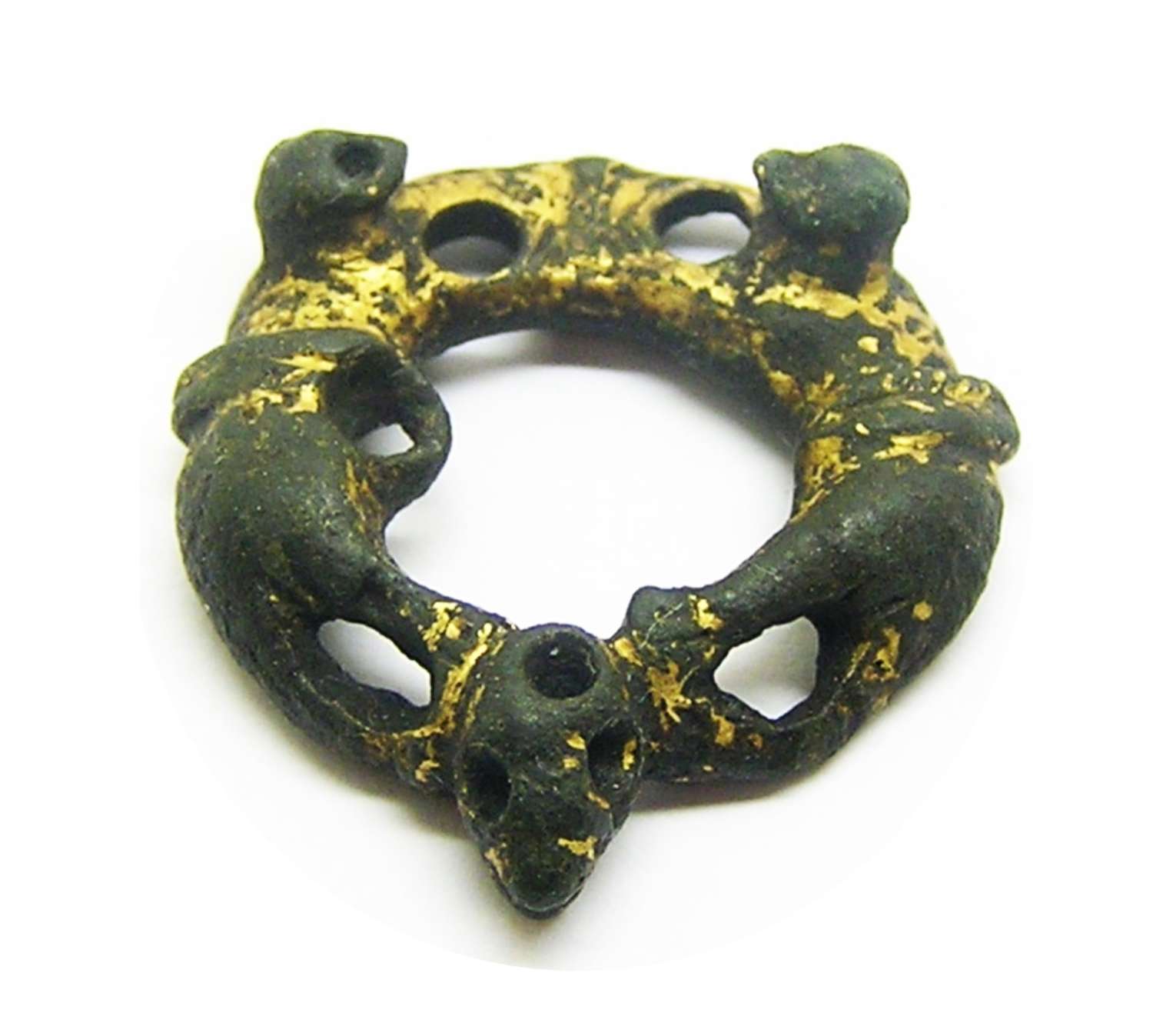 Romanesque gold gilded ring brooch of two lions