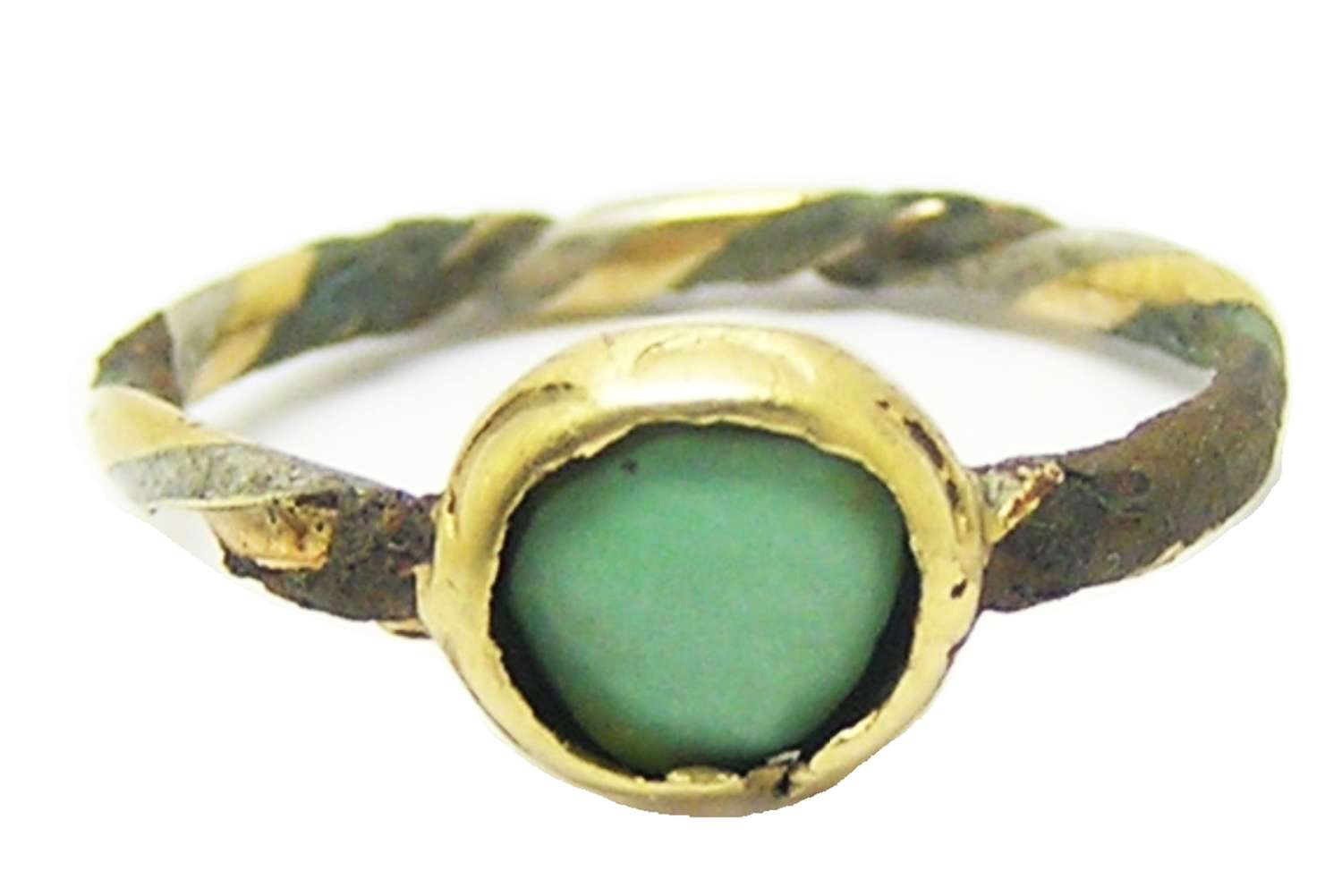 Medieval turquoise trinity ring in gold silver and bronze