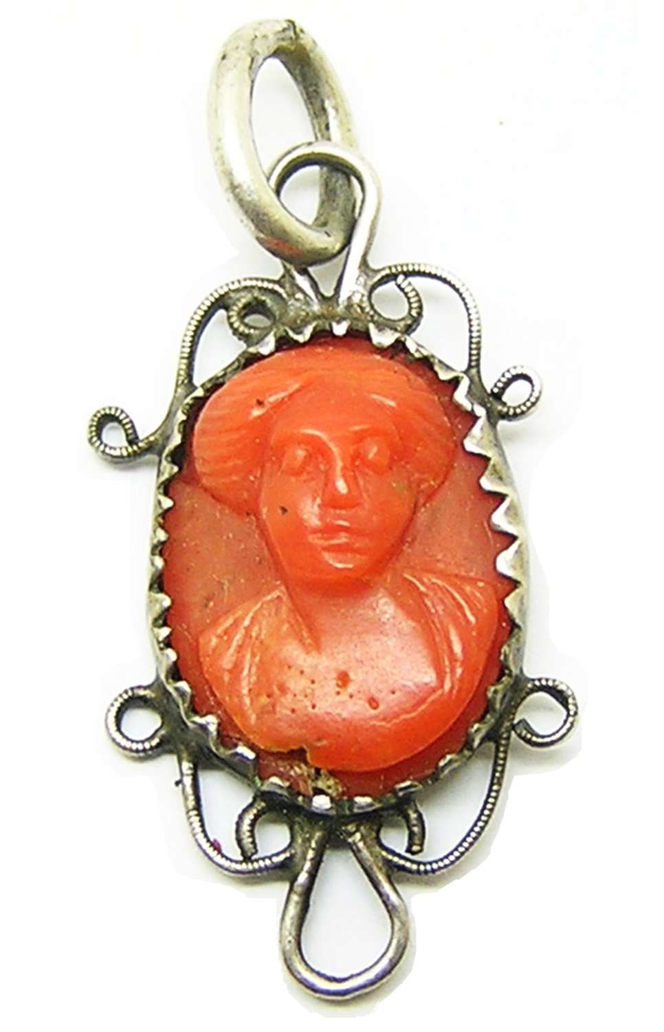 Renaissance silver and coral cameo pendant of a lady