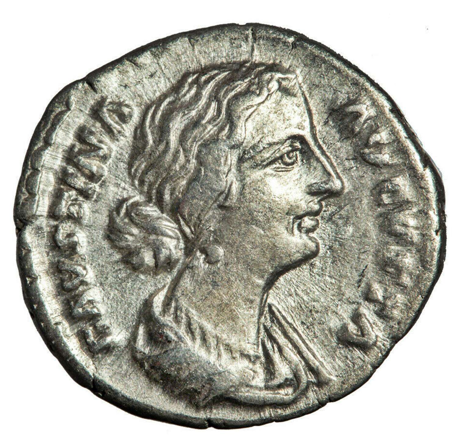 Ancient Roman silver denarius of empress Faustina II / Juno