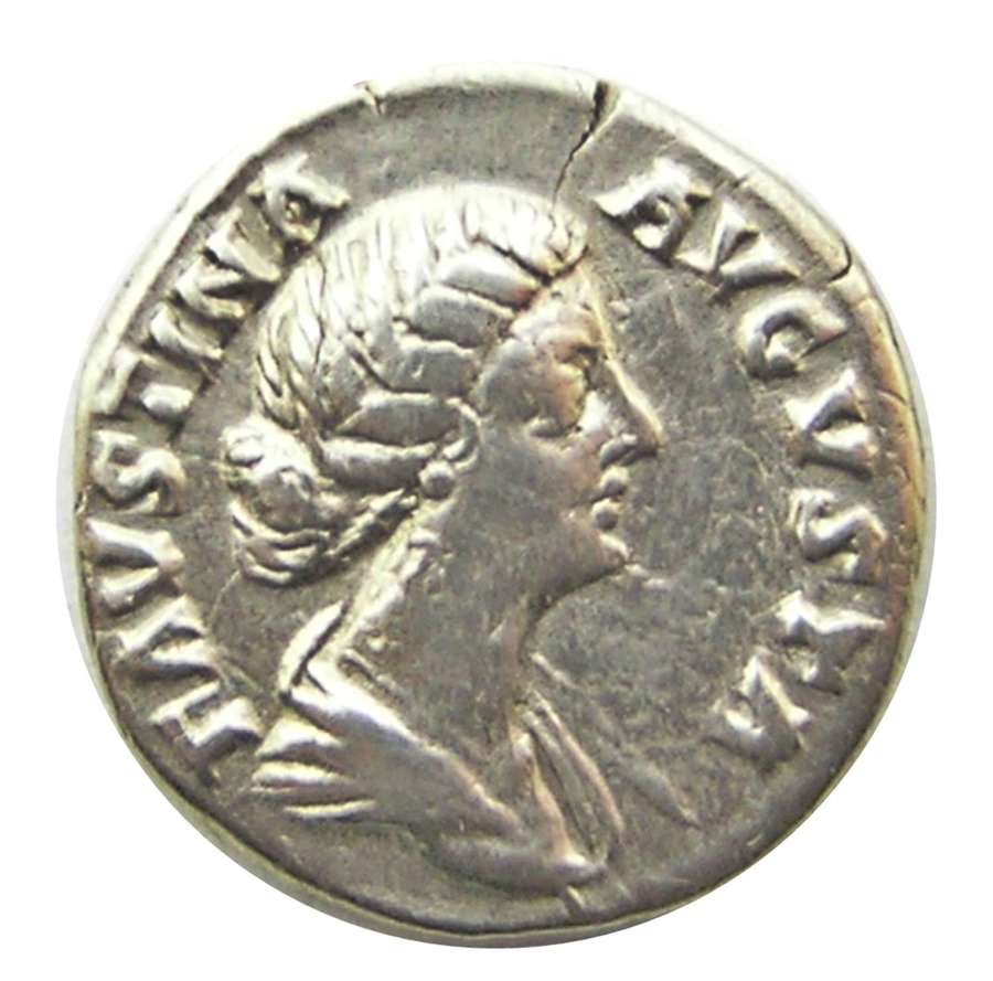 Ancient Roman silver denarius of empress Faustina II / feminine virtue