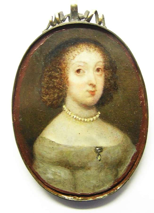 Framed Baroque portrait miniature of a lady