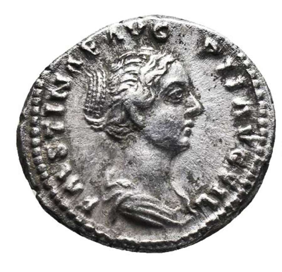 Ancient Roman silver denarius of empress Faustina II / Purity