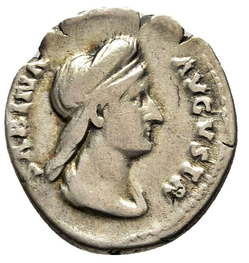 Ancient Roman silver denarius of empress Sabina / Juno
