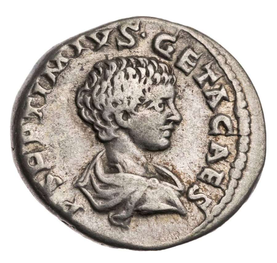 Ancient Roman silver denarius of Geta / Mars Victor