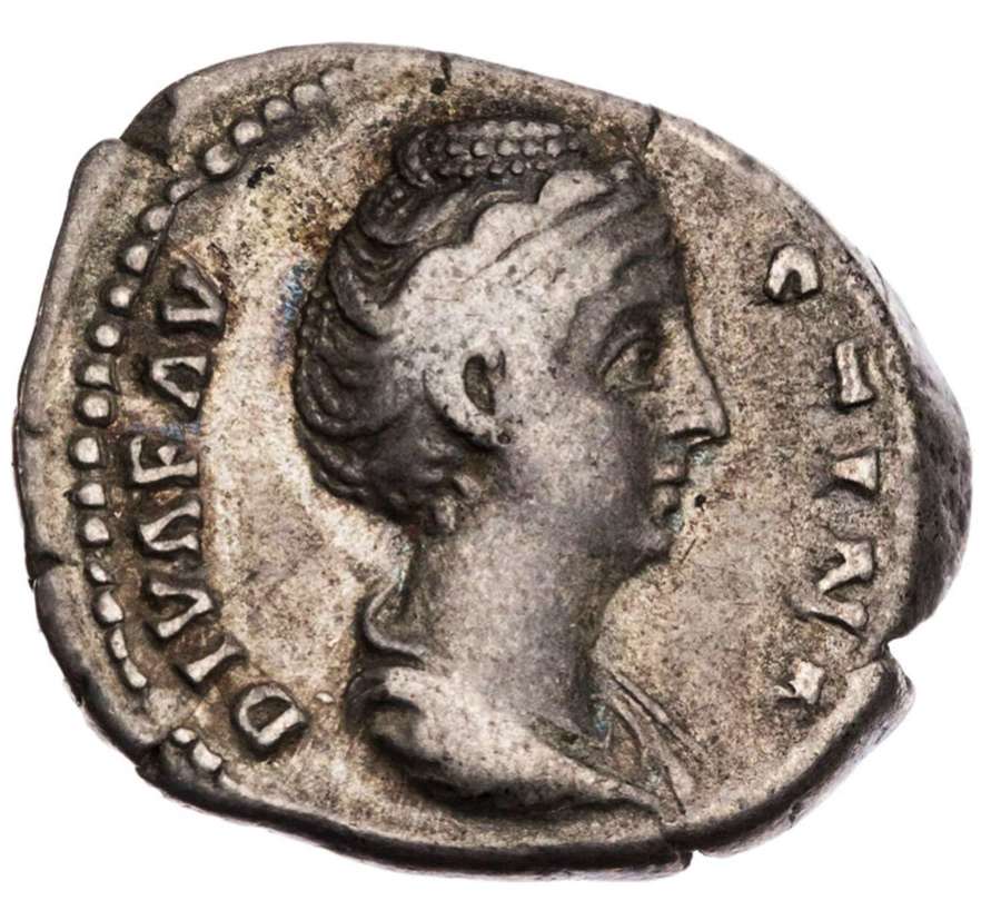 Ancient Roman silver denarius of the Divine Faustina / the venerable