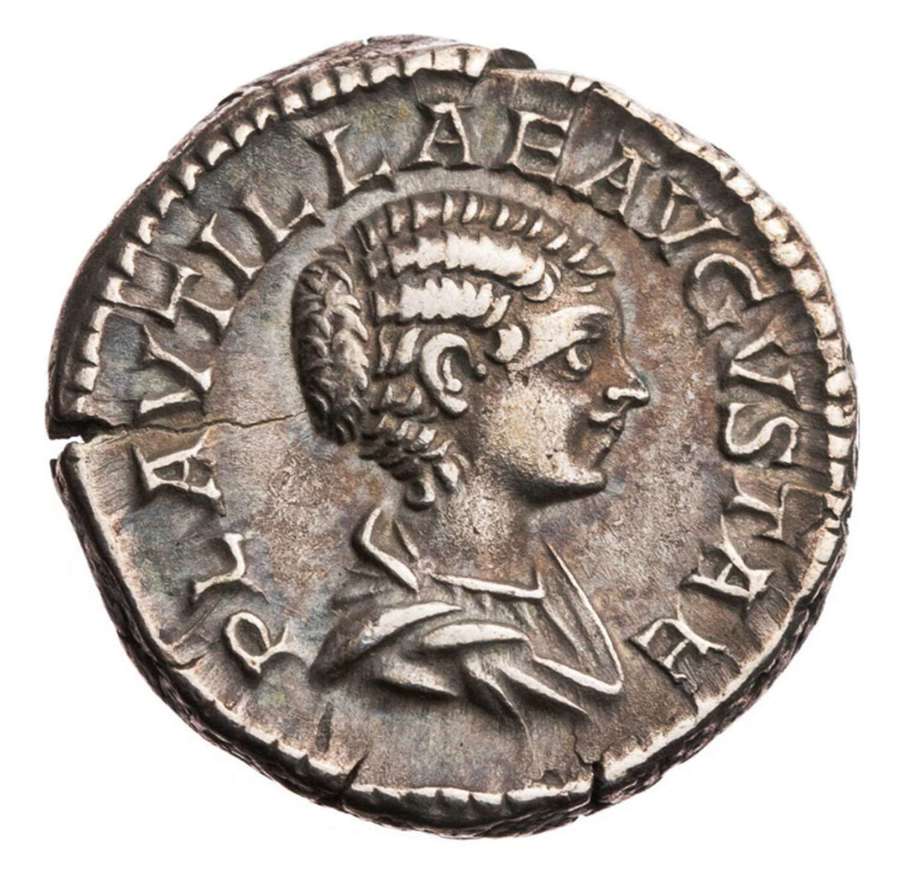 Ancient Roman silver denarius of empress Plautilla / Wedding ceremony