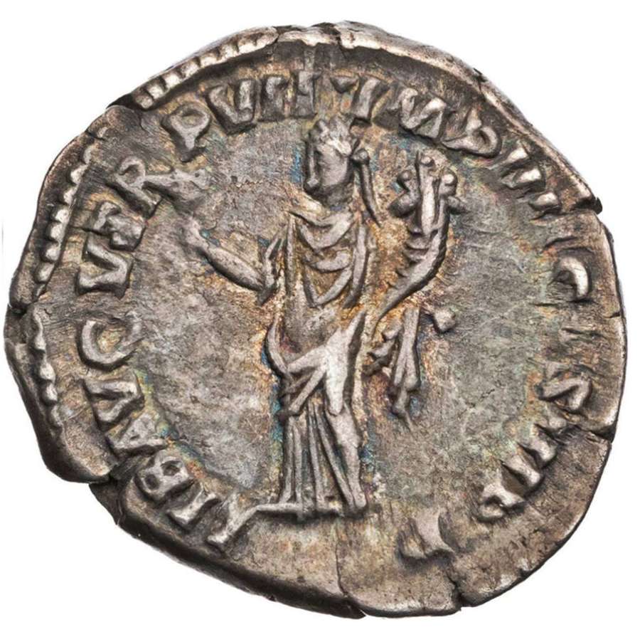 Ancient Roman Silver Denarius of Emperor Commodus / Liberalitas