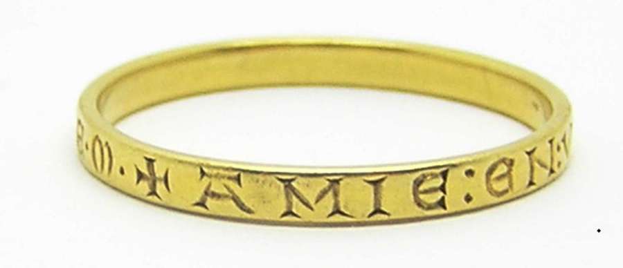 Medieval gold posy ring "TO LIVE IN LOVE IS MY LIFE HAIL MARY"