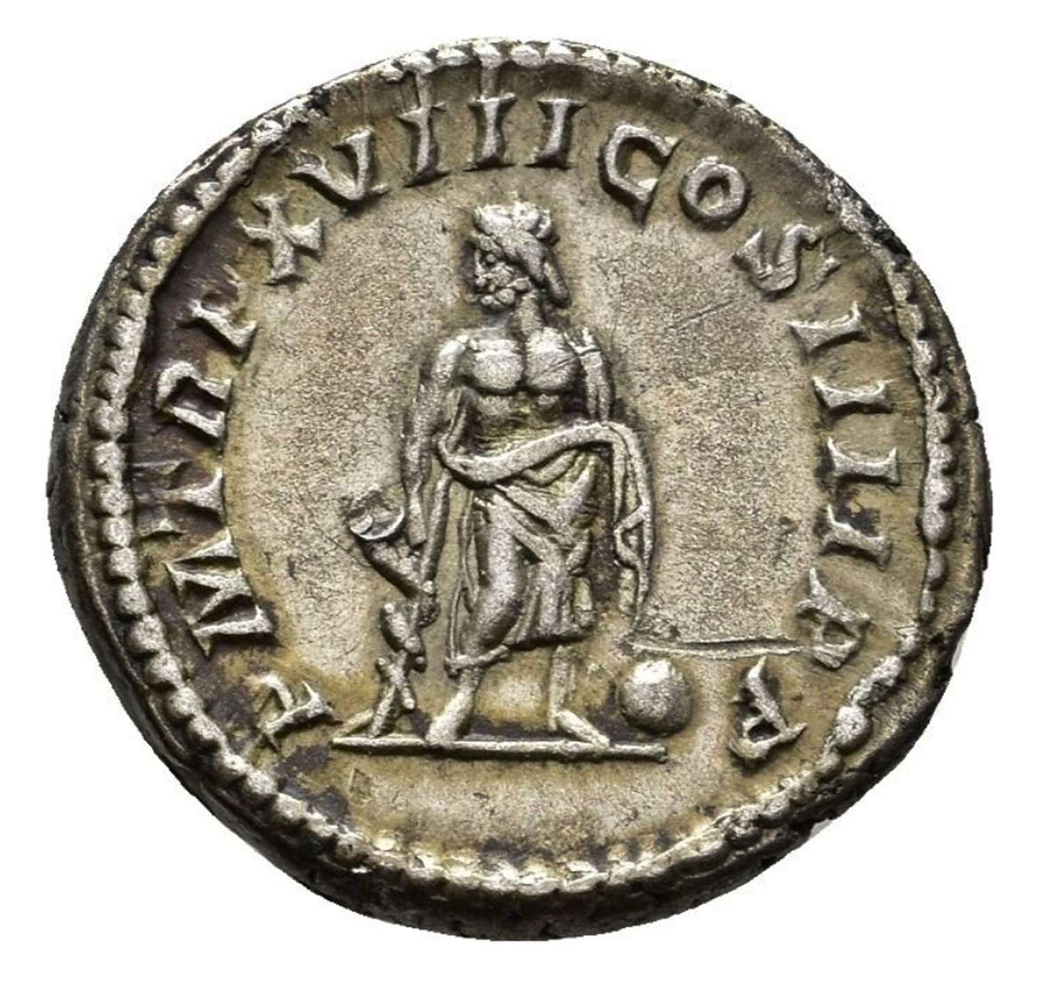 Ancient Roman silver denarius of Caracalla / Asclepius