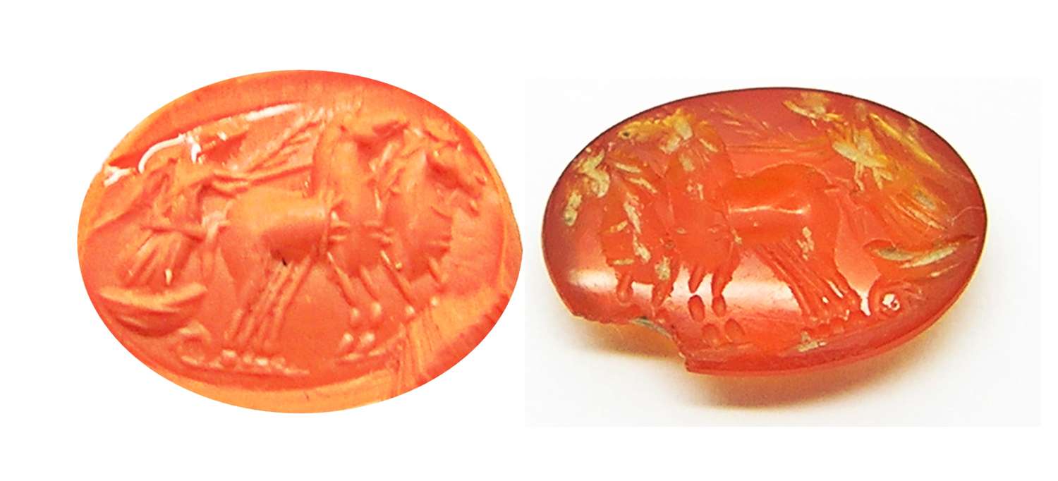 Ancient Roman carnelian gem intaglio of Victory driving a biga chariot