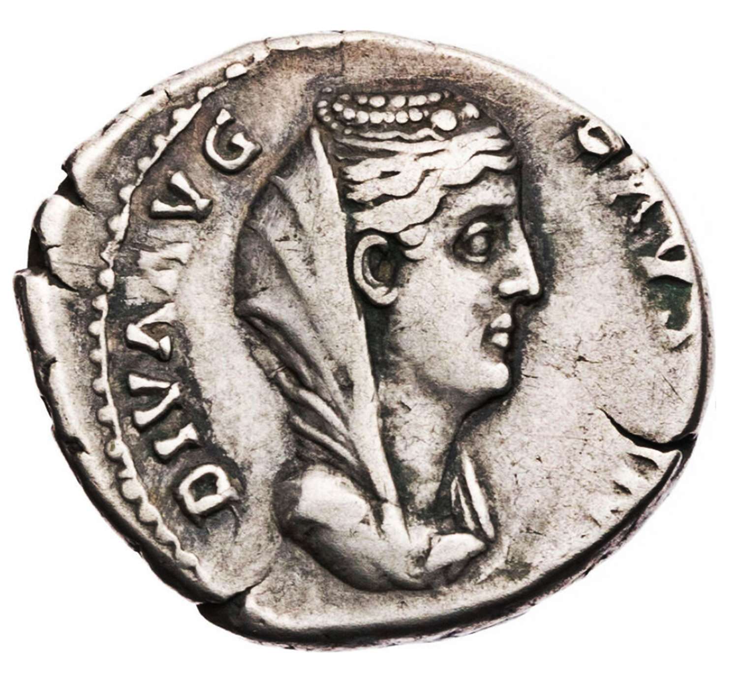 Ancient Roman silver denarius of the Divine Faustina / Eternity