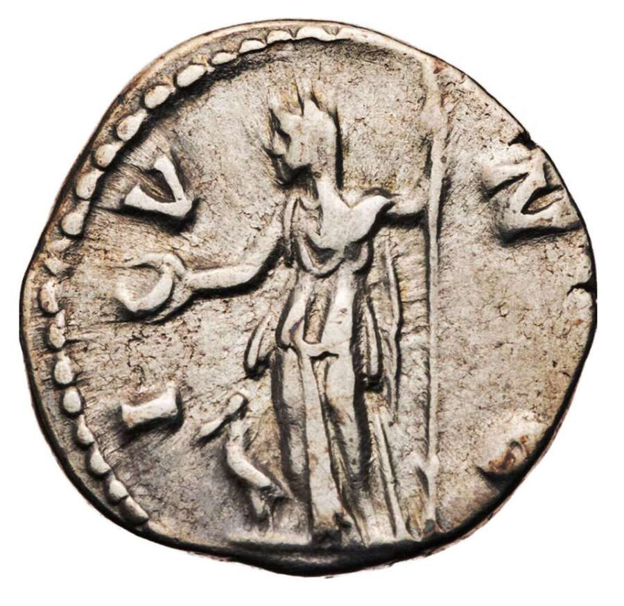 Ancient Roman silver denarius of empress Faustina II / Juno