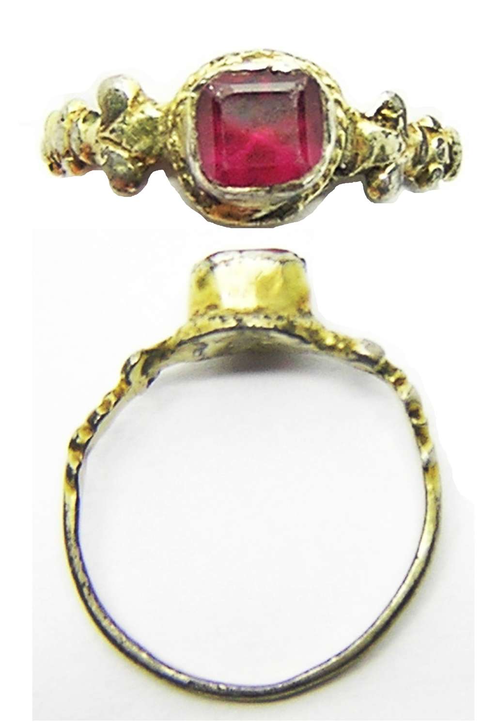 Tudor / Renaissance silver-gilt table-cut ruby paste finger ring