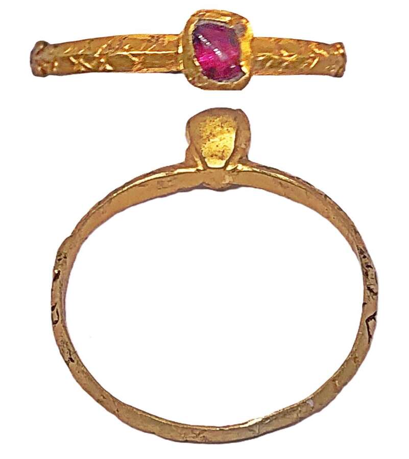 English Medieval inscribed Lovers Ring set with a ruby