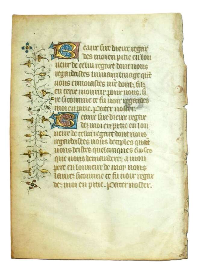 Medieval France Illuminated Manuscript Leaf from a Book of Hours Pater Noster