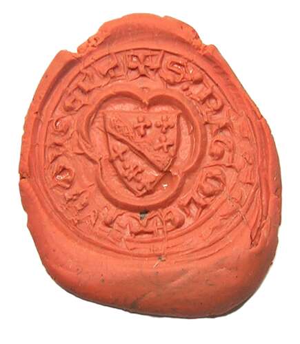 Medieval armorial seal six cross pommee between a bend