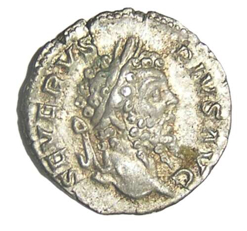 Ancient Roman silver denarius of emperor Septimus Severus / Genius