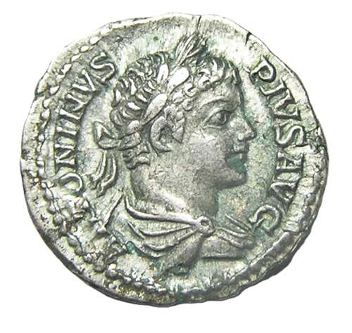 Ancient Roman silver denarius of Caracalla / Salus