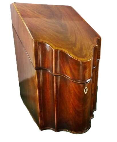 Georgian inlaid flame mahogony knife box canteen with fitted interior